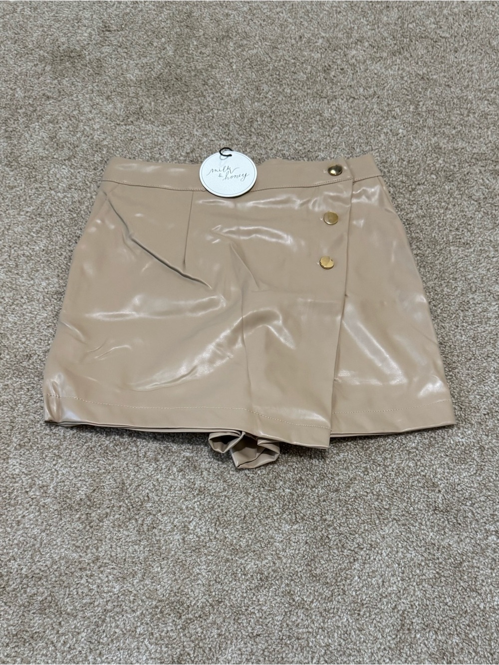 Milk & Honey Beige Faux Leather Skort with Gold Button Detail
